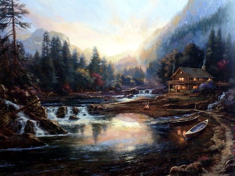 Log Cabin by River — Blue, Serene, Sunset, Painting, Forest