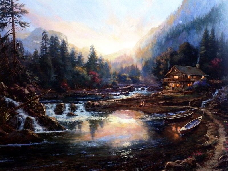 Log Cabin by River — Blue, Serene, Sunset, Painting, Mountains