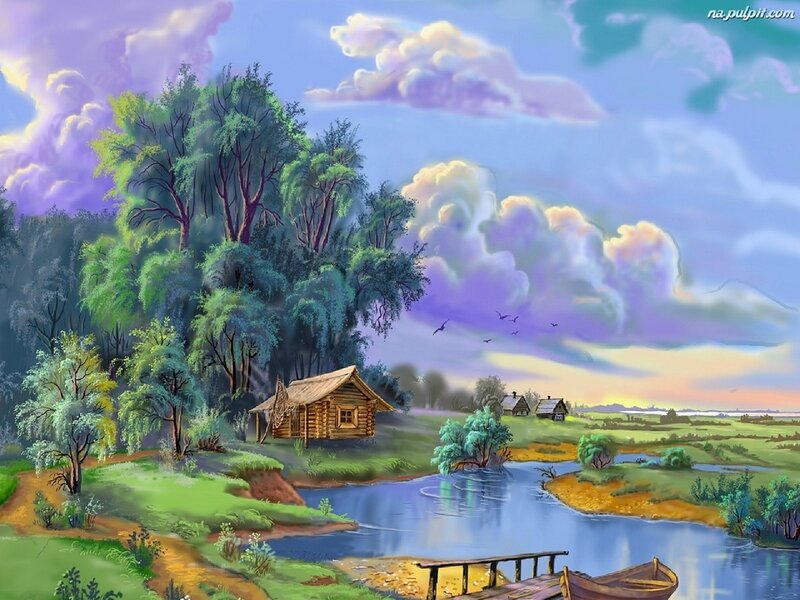 Log Cabin by River — Blue, Serene, Sunset, Painting