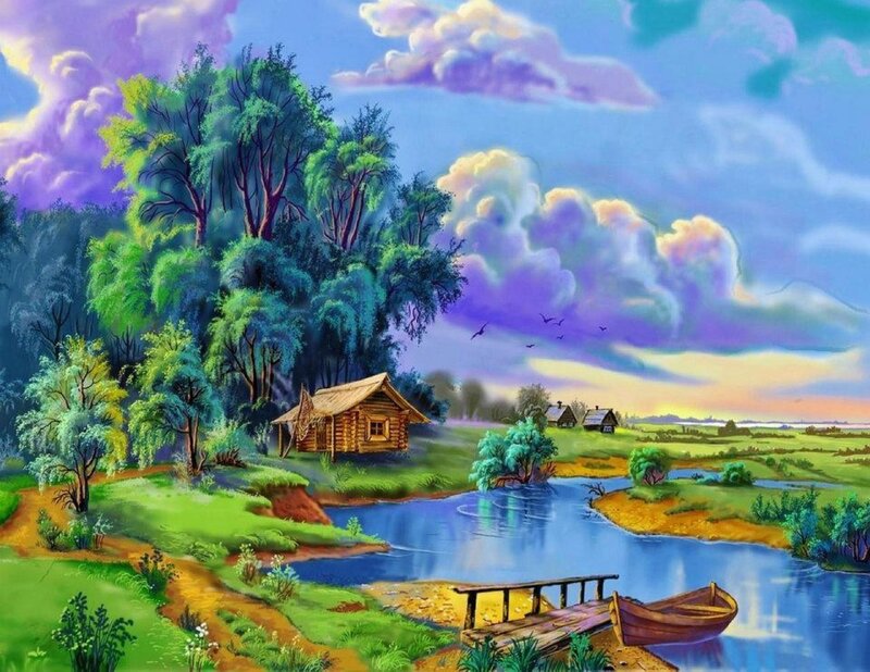 Log Cabin by River — Blue, Serene, Sunset