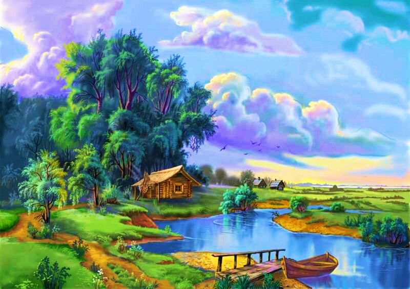 Log Cabin by River — Blue, Serene