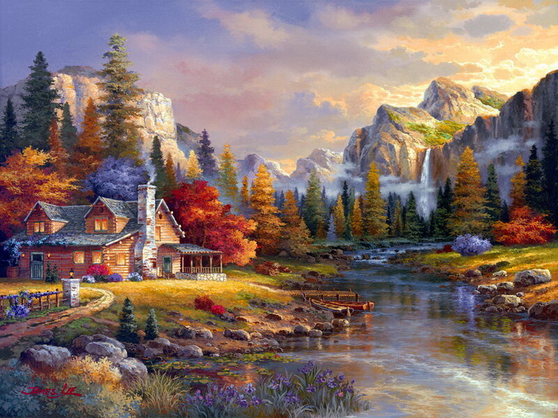 Log Cabin by River — Blue