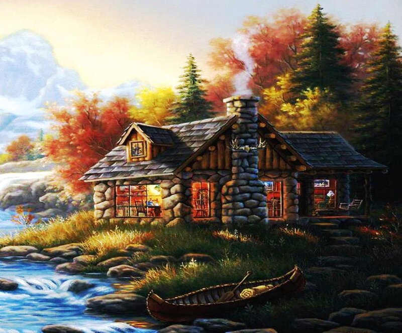 Log Cabin by River — Brown