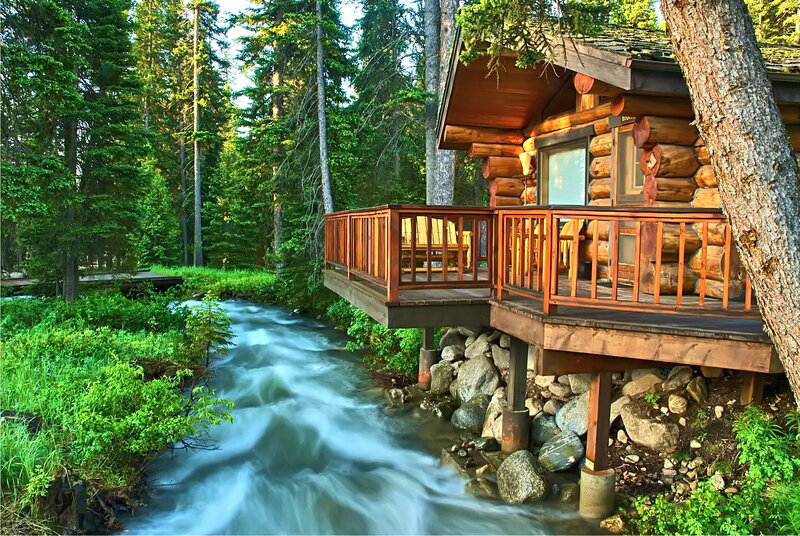 Log Cabin by River — Green, Serene, Afternoon