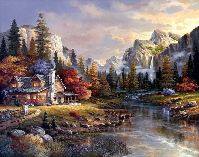 Log Cabin by River — Green, Serene, Autumn, Painting, Mountains
