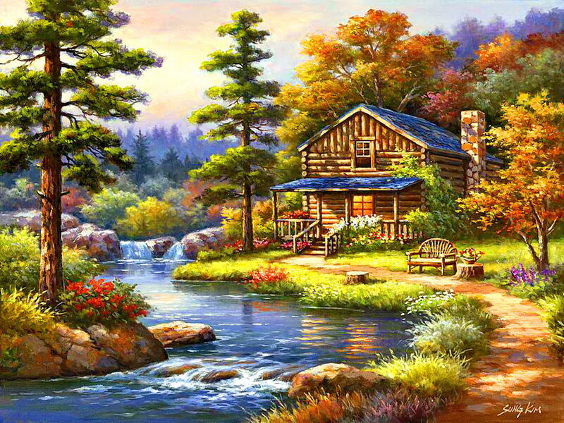 Log Cabin by River — Green, Serene, Autumn