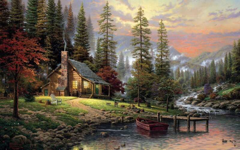Log Cabin by River — Green, Serene, Sunset, Painting