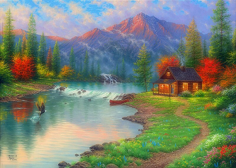 Log Cabin by River — Green, Serene, Sunset