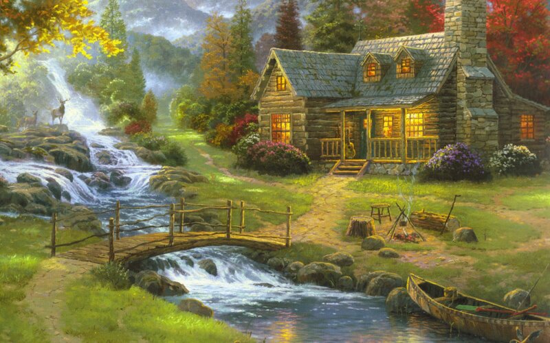 Log Cabin by River — Green, Serene