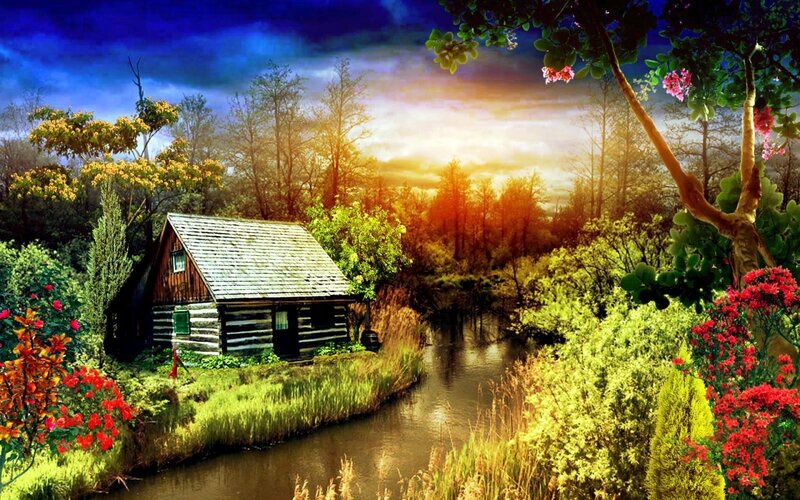Log Cabin by River — Green