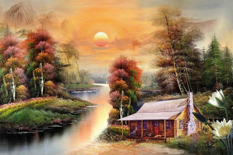 Log Cabin by River — Orange, Serene