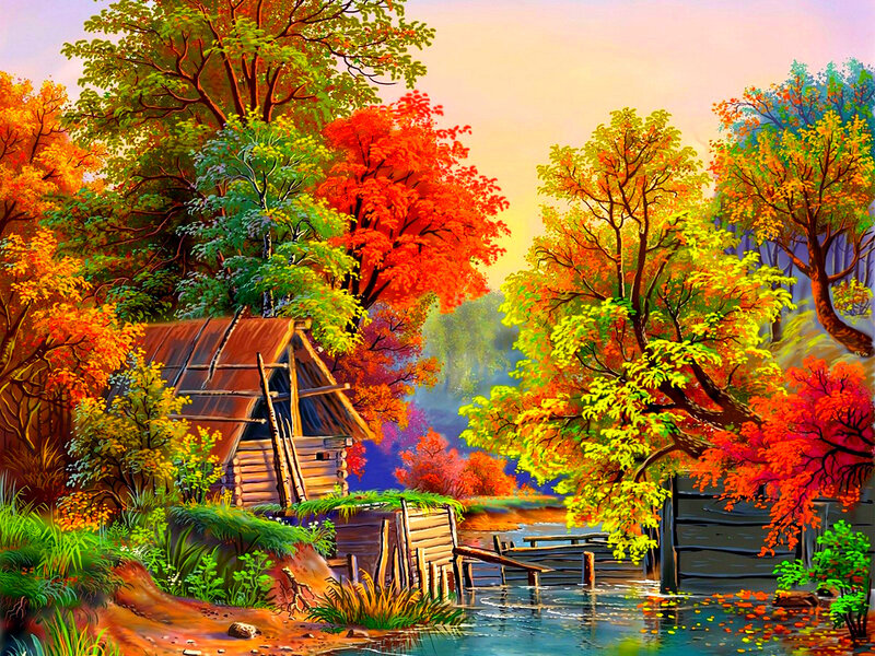 Log Cabin by River — Orange