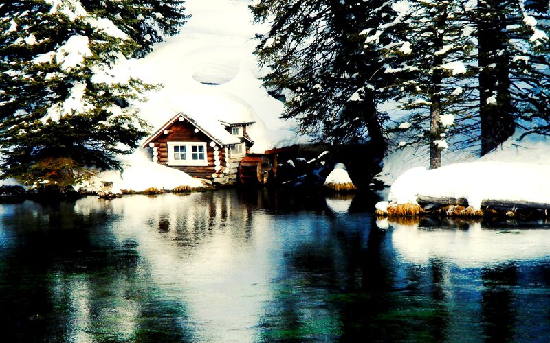 Log Cabin by River — White, Serene