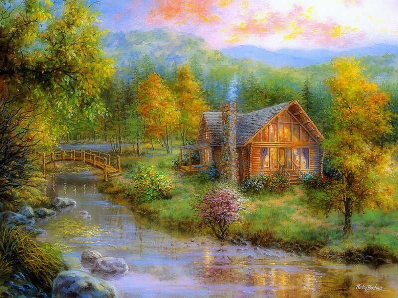 Log Cabin by Stream — Green