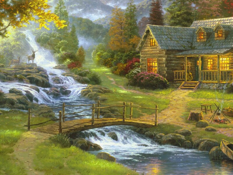 Log Cabin by Waterfall — Green