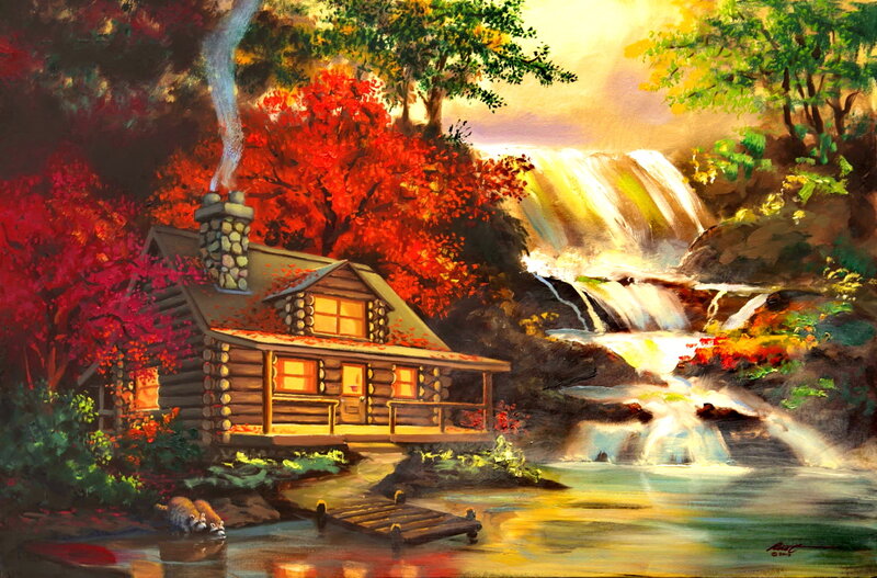 Log Cabin by Waterfall — Red
