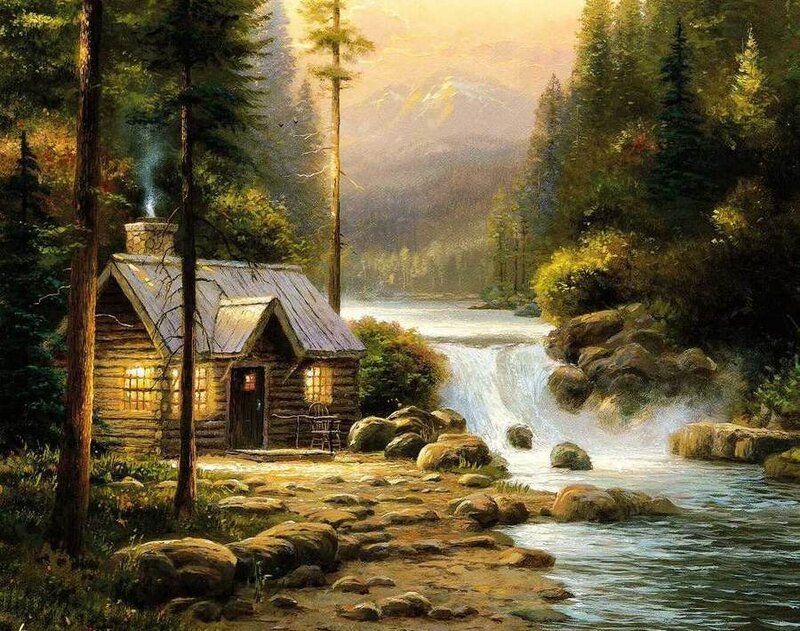 Log Cabin by Waterfall