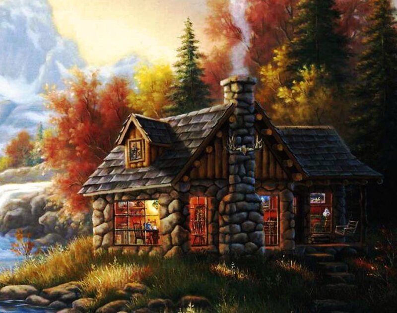 Log Cabin in Autumn — Brown, Serene