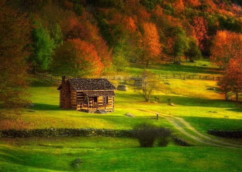 Log Cabin in Autumn Field