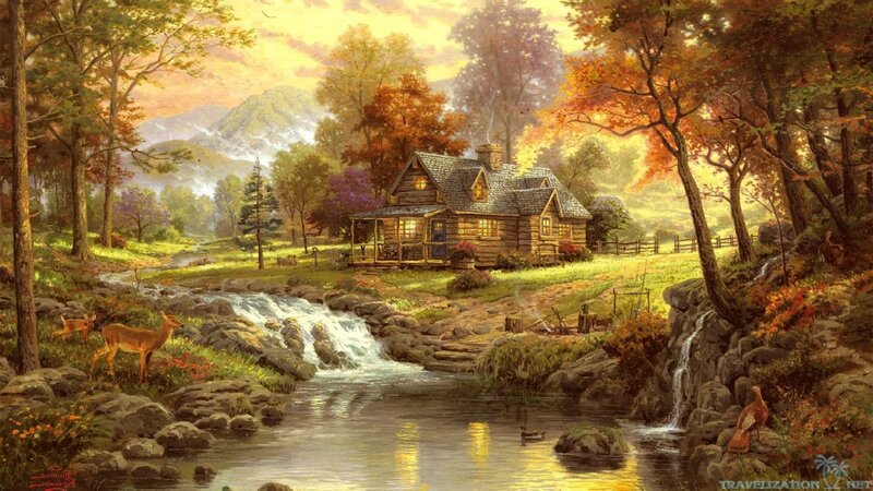 Log Cabin in Autumn Forest — Golden