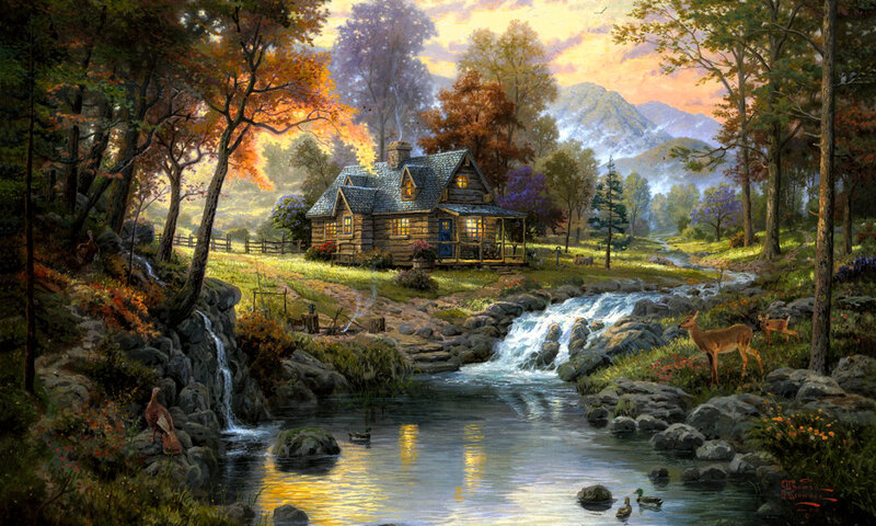 Log Cabin in Autumn Forest — Green