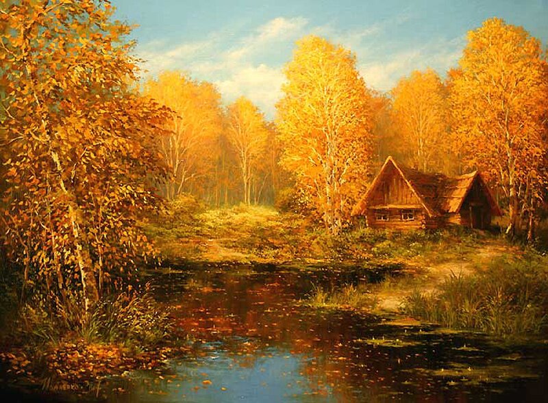 Log Cabin in Autumn Forest — Orange