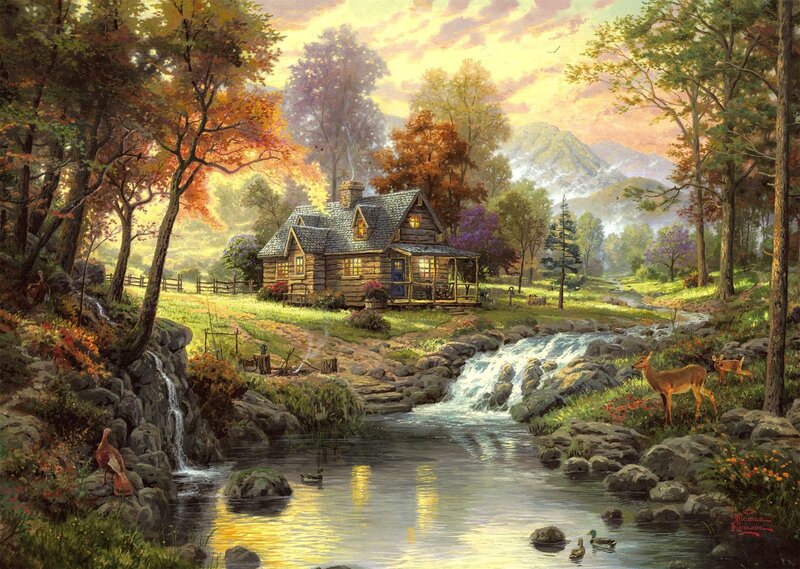 Log Cabin in Autumn — Green, Serene, Painting, Deer, Stream, Mountains