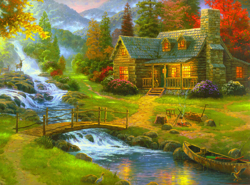 Log Cabin in Autumn — Green, Serene, Painting, River, Bridge