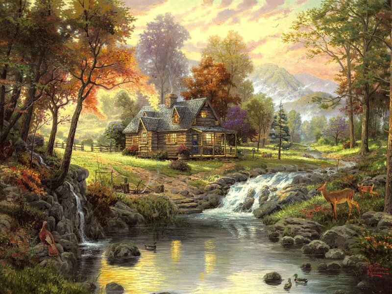 Log Cabin in Autumn — Green, Serene