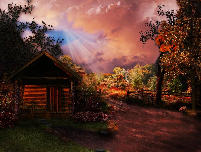 Log Cabin in Autumn — Orange, Dramatic, Sunset