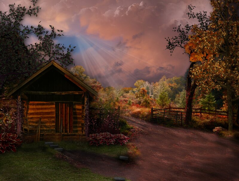 Log Cabin in Autumn — Orange, Dramatic