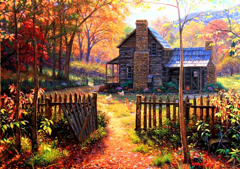Log Cabin in Autumn — Orange, Serene, Painting, Chickens, Fence
