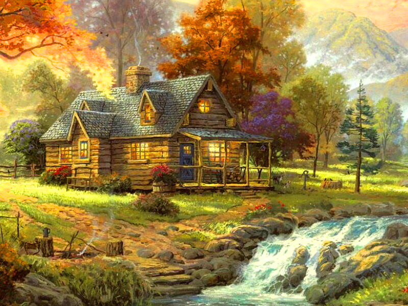 Log Cabin in Autumn — Orange, Serene, Painting