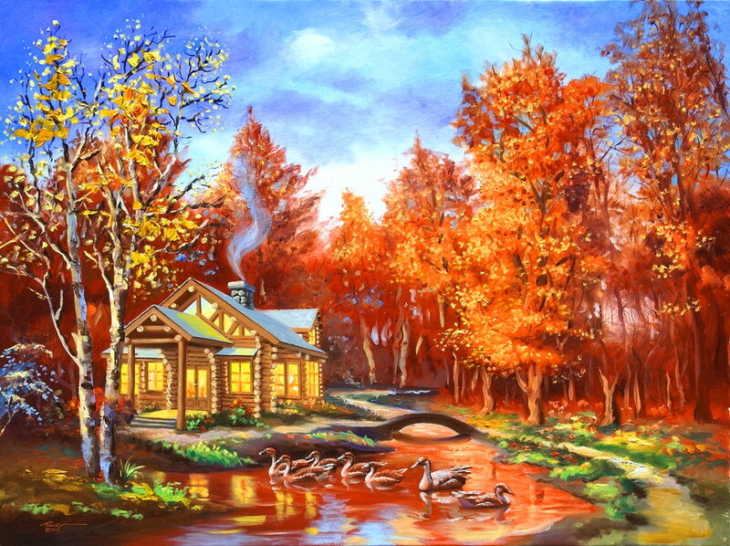 Log Cabin in Autumn — Orange, Serene, Painting, Trees