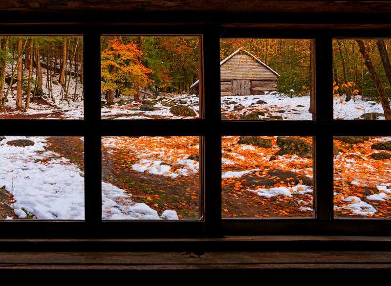 Log Cabin in Autumn — Orange, Serene, Photograph