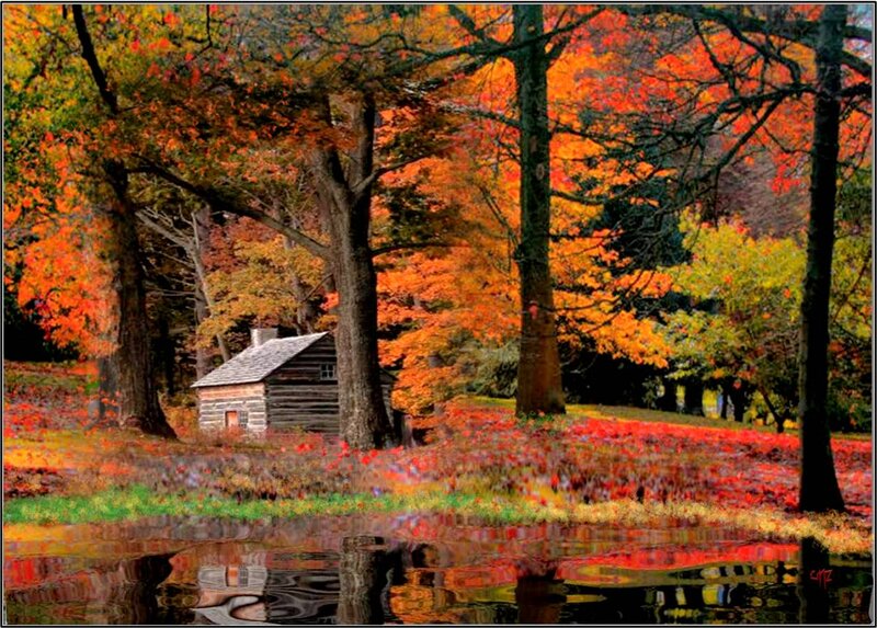 Log Cabin in Autumn — Red, Serene, Digital Art