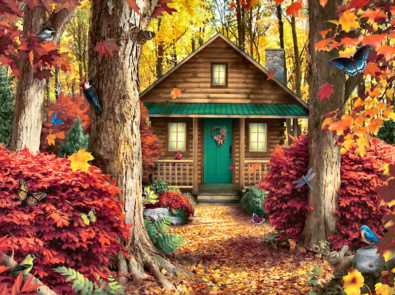 Log Cabin in Autumn — Red, Serene, Illustration