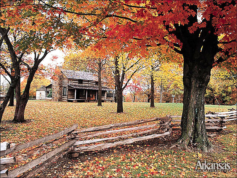 Log Cabin in Autumn — Red, Serene