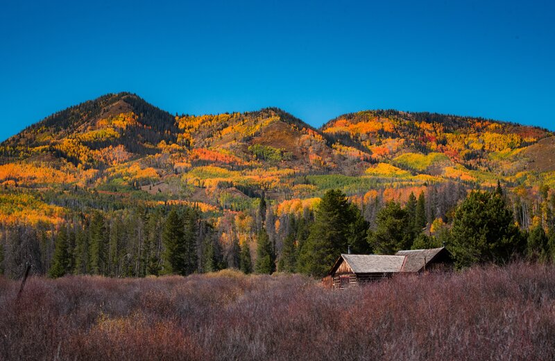Log Cabin in Autumn Valley — Blue