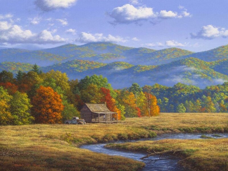 Log Cabin in Autumn Valley