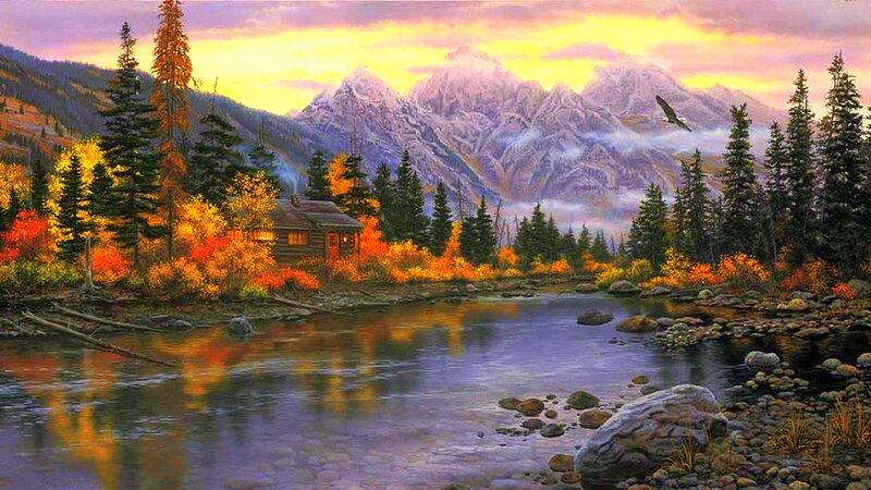Log Cabin in Autumn — Yellow, Serene, Sunset