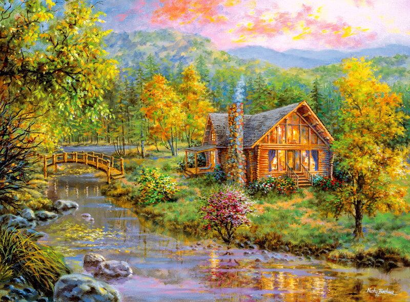 Log Cabin in Autumn — Yellow, Serene