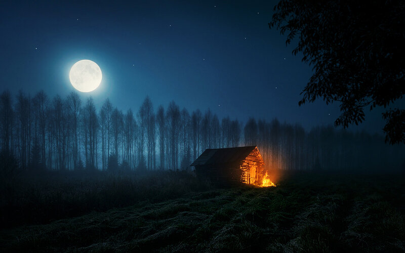 Log Cabin in Field — Blue, Serene