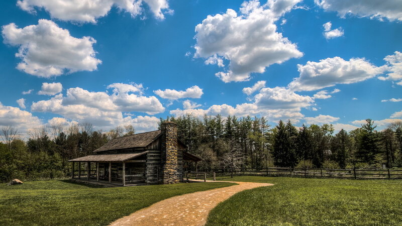 Log Cabin in Field — Blue