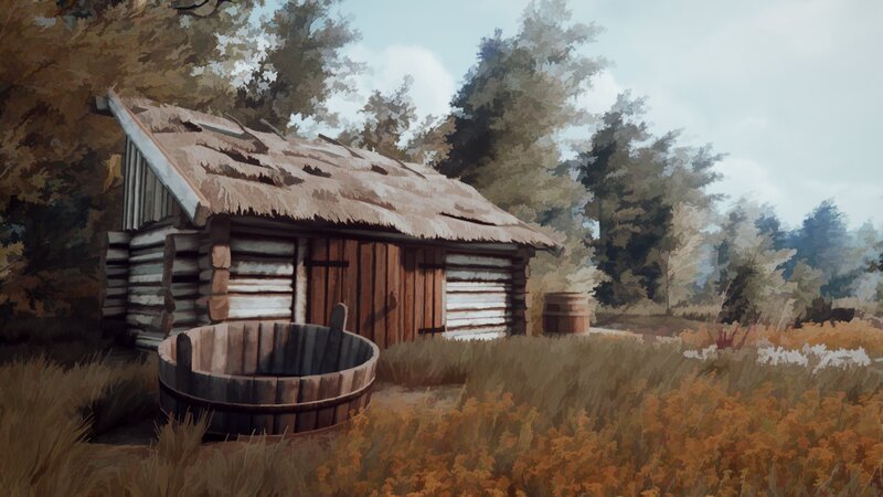 Log Cabin in Field — Brown