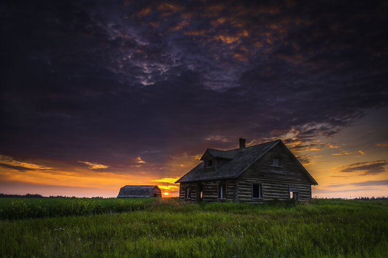 Log Cabin in Field — Green, Dramatic