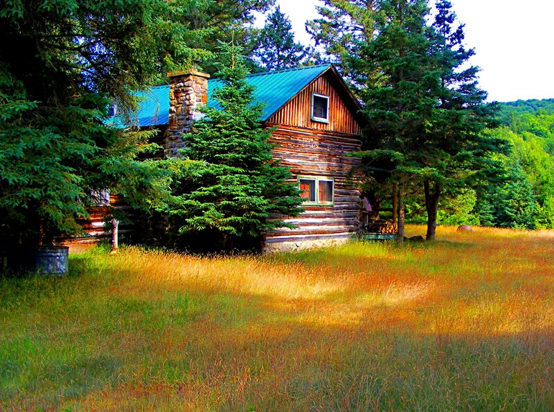 Log Cabin in Field — Green, Serene