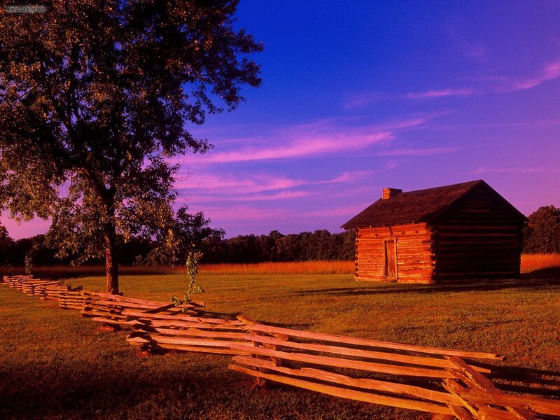 Log Cabin in Field — Purple, Serene