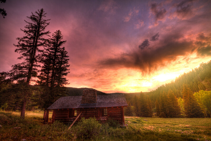 Log Cabin in Field — Purple