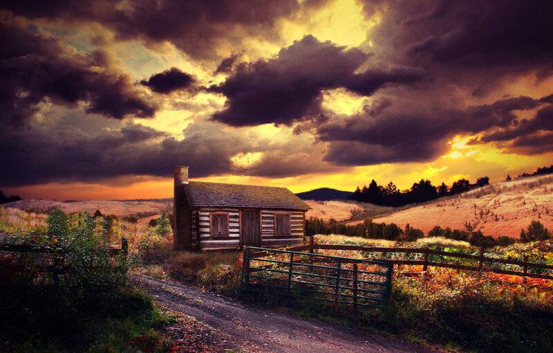 Log Cabin in Field — Yellow